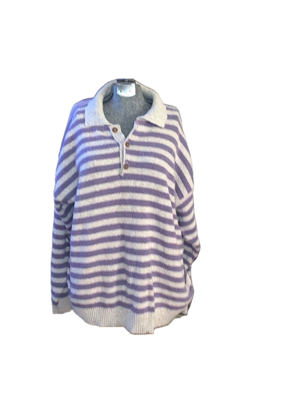 Purple and cream horizontal striped sweater button down XL